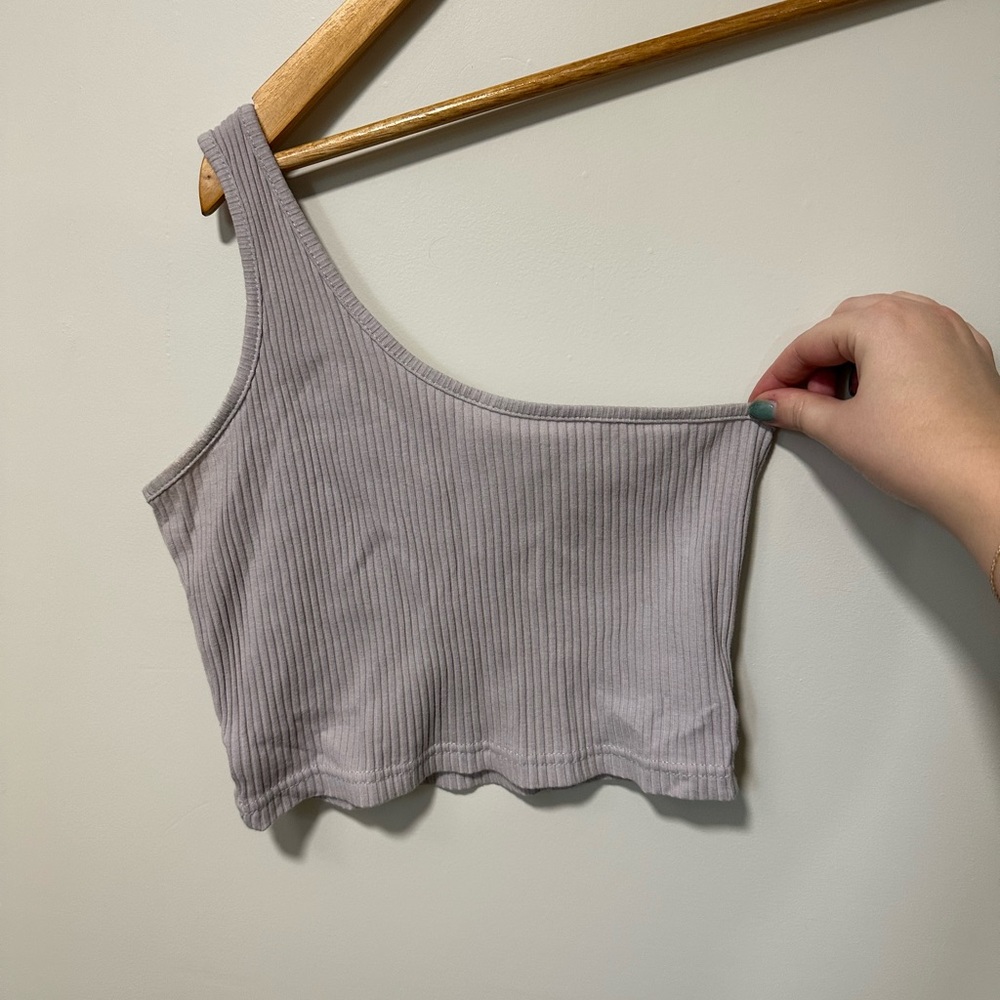 Gray Ribbed One-Shoulder Top
